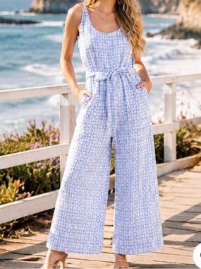 Boho NWT Sleeveless Light Blue Eyelet Wide-Leg Jumpsuit with Waist Tie S-M-L